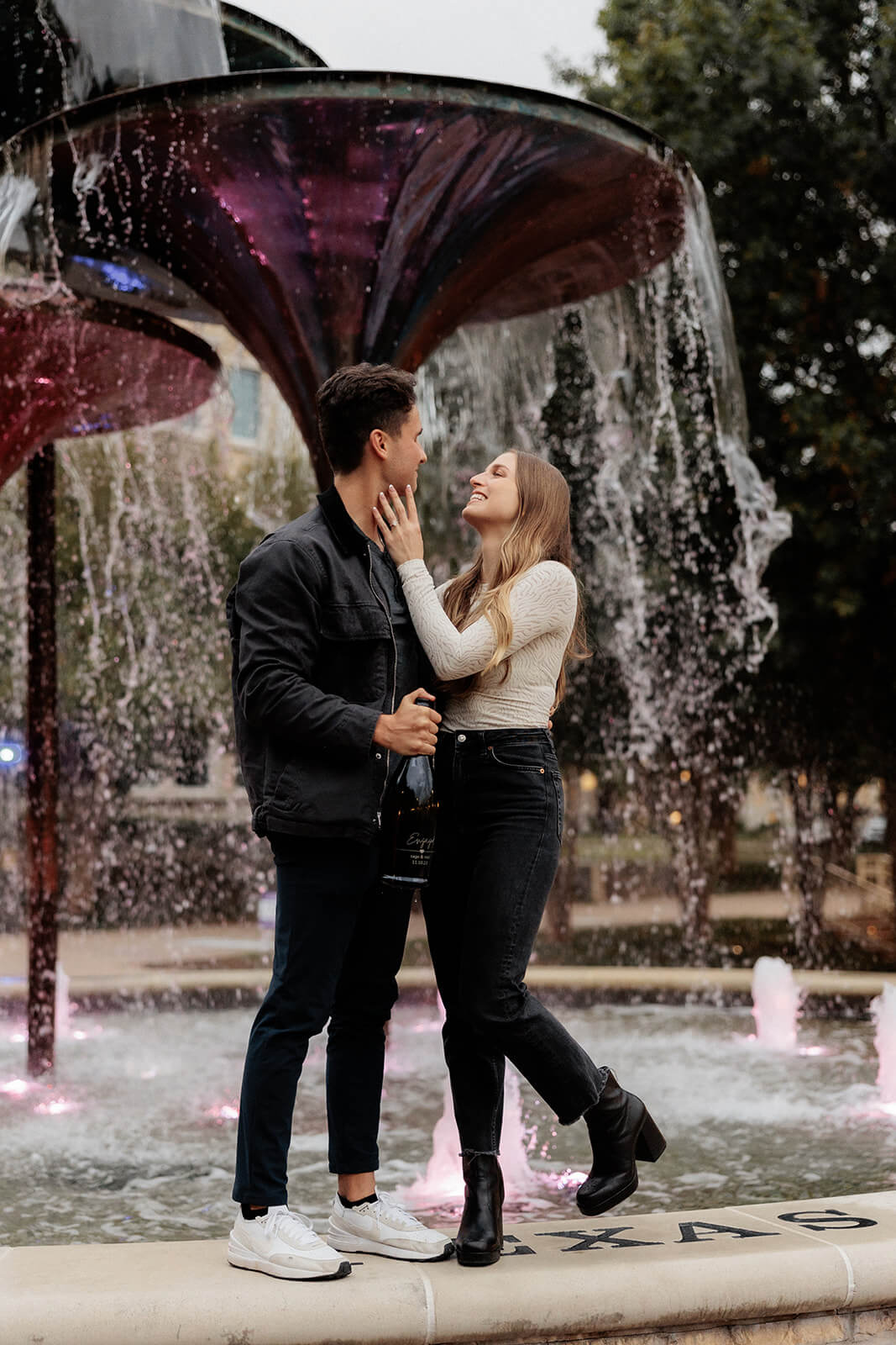 couple in front of Frog Fountain | Texas Christian University Proposal