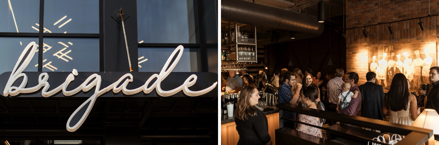 Guests mingle during a welcome wedding reception at Brigade in Bozeman, Montana