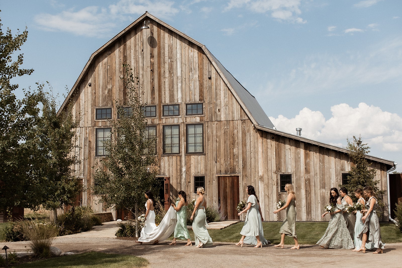 Wedding party helps bride walk towards Firelight Farm historic barn