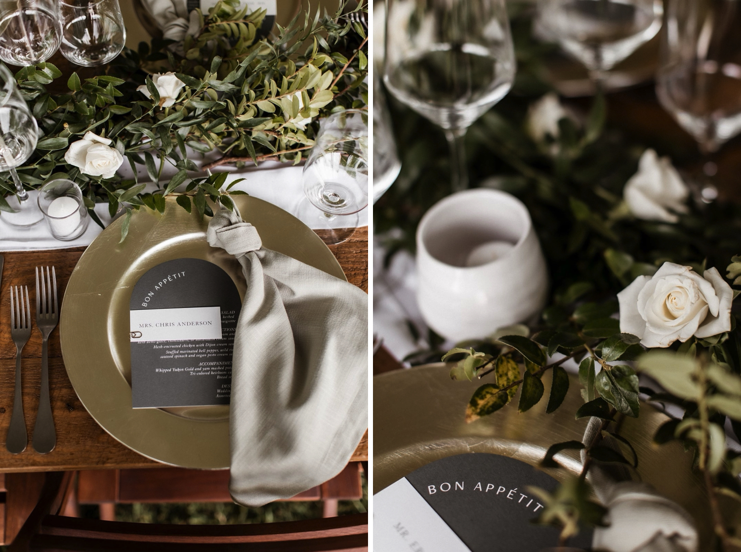 Sage green and white wedding reception table decorations with black menu