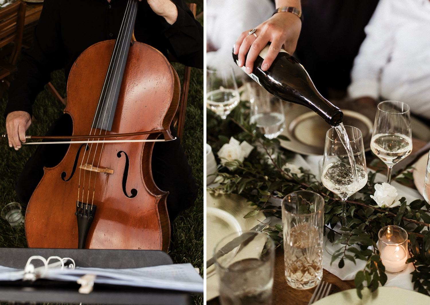 Live cello player at Bozeman wedding  / server pouring white wine into wine glass during Bozeman wedding reception