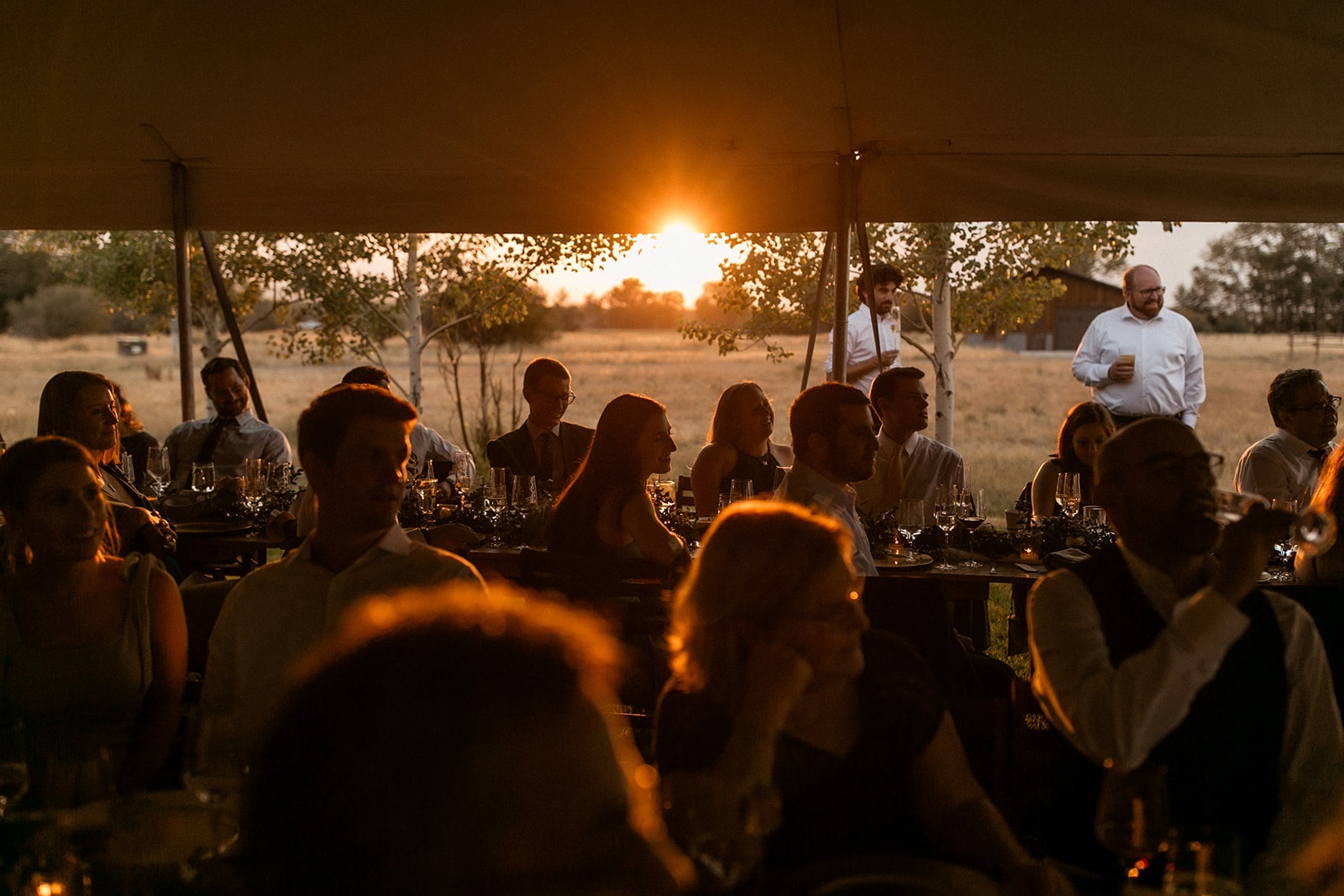 Guests sit under a white canopy tent listening to wedding toasts during sunset 