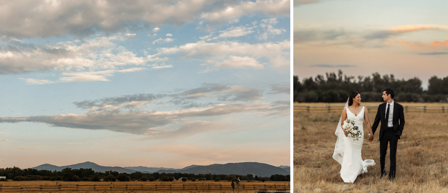 Bride and groom hold hands while walking across a Montana field at their wedding