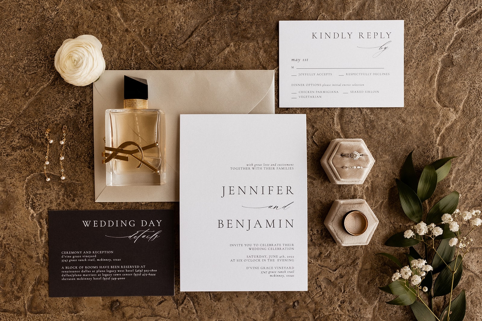 Black, white, and champagne colored wedding details 