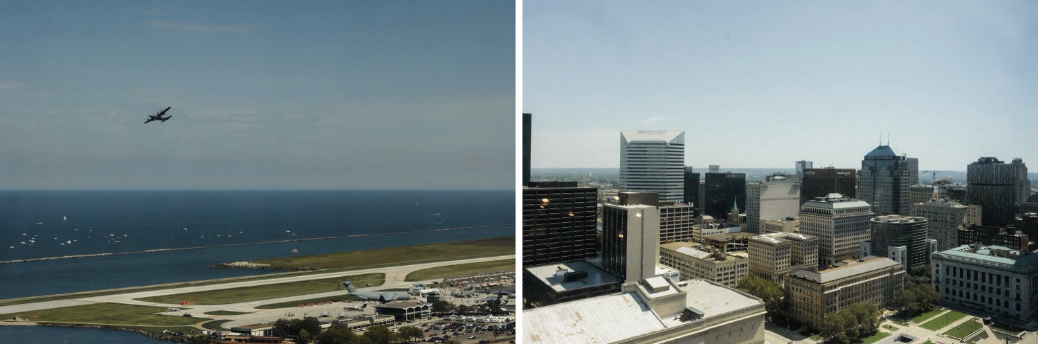 Airplanes fly over downtown Cleveland, Ohio