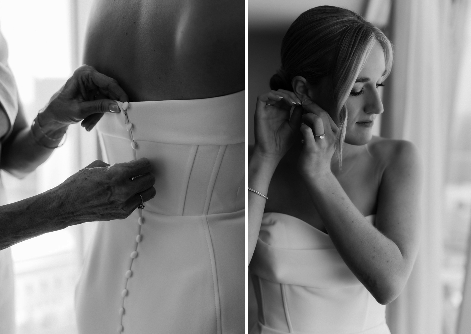 Mother helps zip bride into white wedding dress while bride puts on her earrings for her luxury art gallery wedding in Ohio