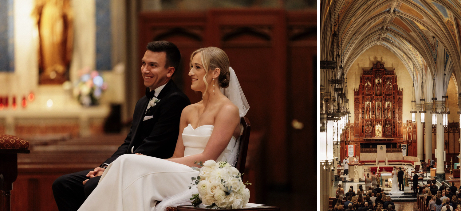 Bride and groom sit and stand at the altar during their Catholic wedding ceremony in Cleveland, Ohio