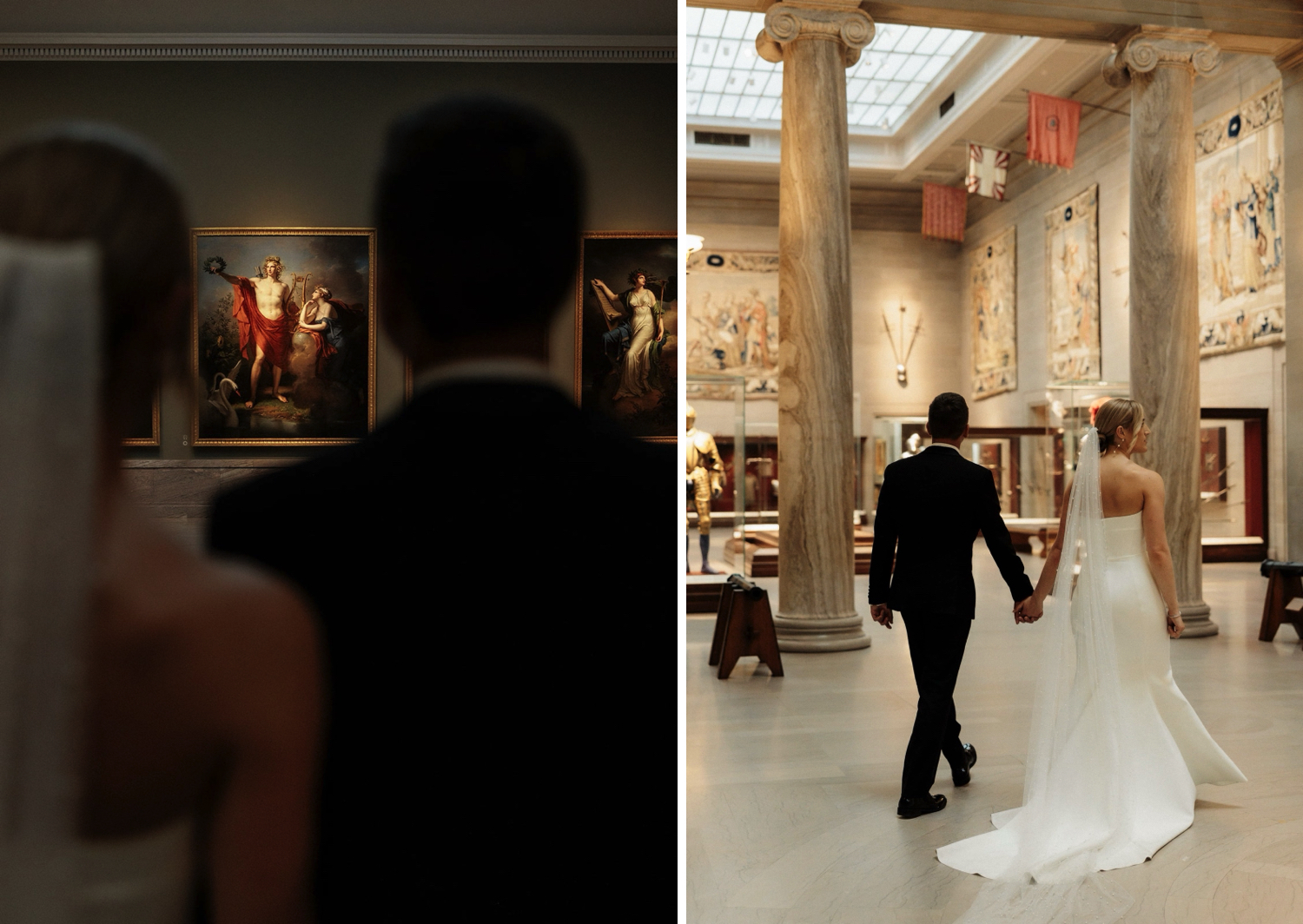 Bride and groom hold hands as they walk around the gallery of the Cleveland Museum of Art