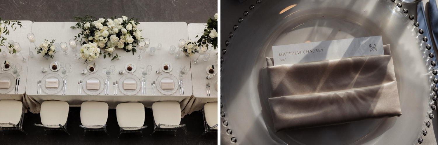 White tablecloth with white chairs and flower centerpieces with taupe napkins